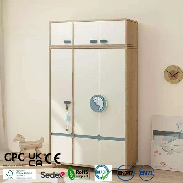 Modern 3-Door Kids Wooden Wardrobe with Dolphin Handle, Children's Storage Cabinet with 3 Drawers, S