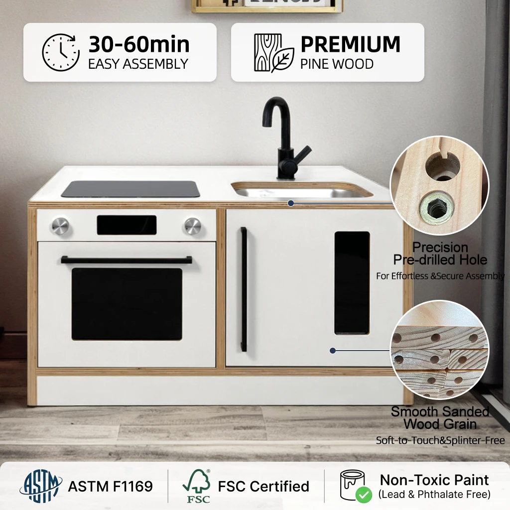Modern Wooden Kids Play Kitchen with Induction Hob & Stainless Steel Sink, Minimalist Toy Kitchen Se