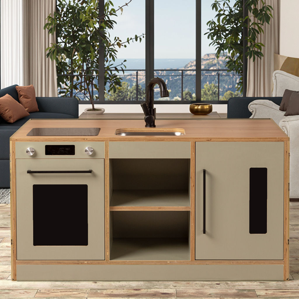 Modern Wooden Kids Play Kitchen with Induction Hob & Stainless Steel Sink, Minimalist Toy Kitchen Se