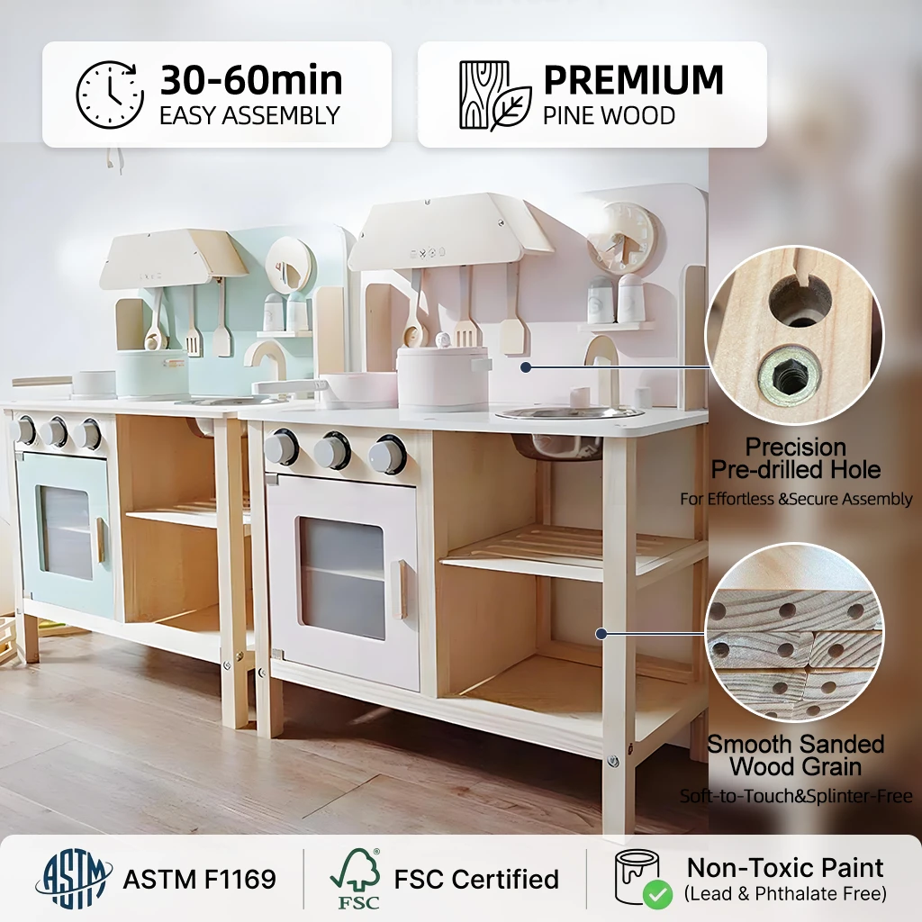 Modern Wooden Kids Play Kitchen with Range Hood & Utensils, Scandinavian Toy Cooking Set with Oven,