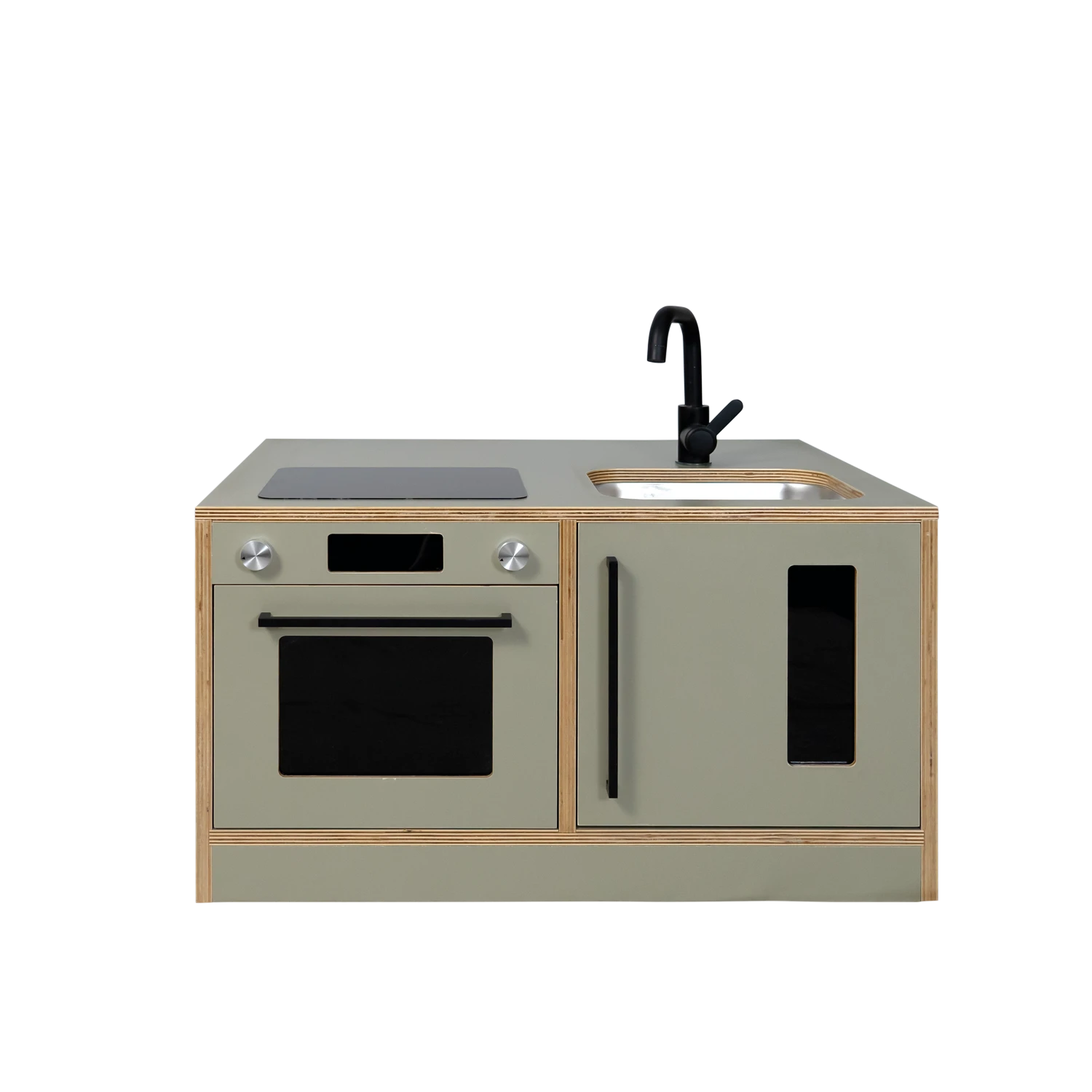 Modern Wooden Kids Play Kitchen with Induction Hob & Stainless Steel Sink, Minimalist Toy Kitchen Se