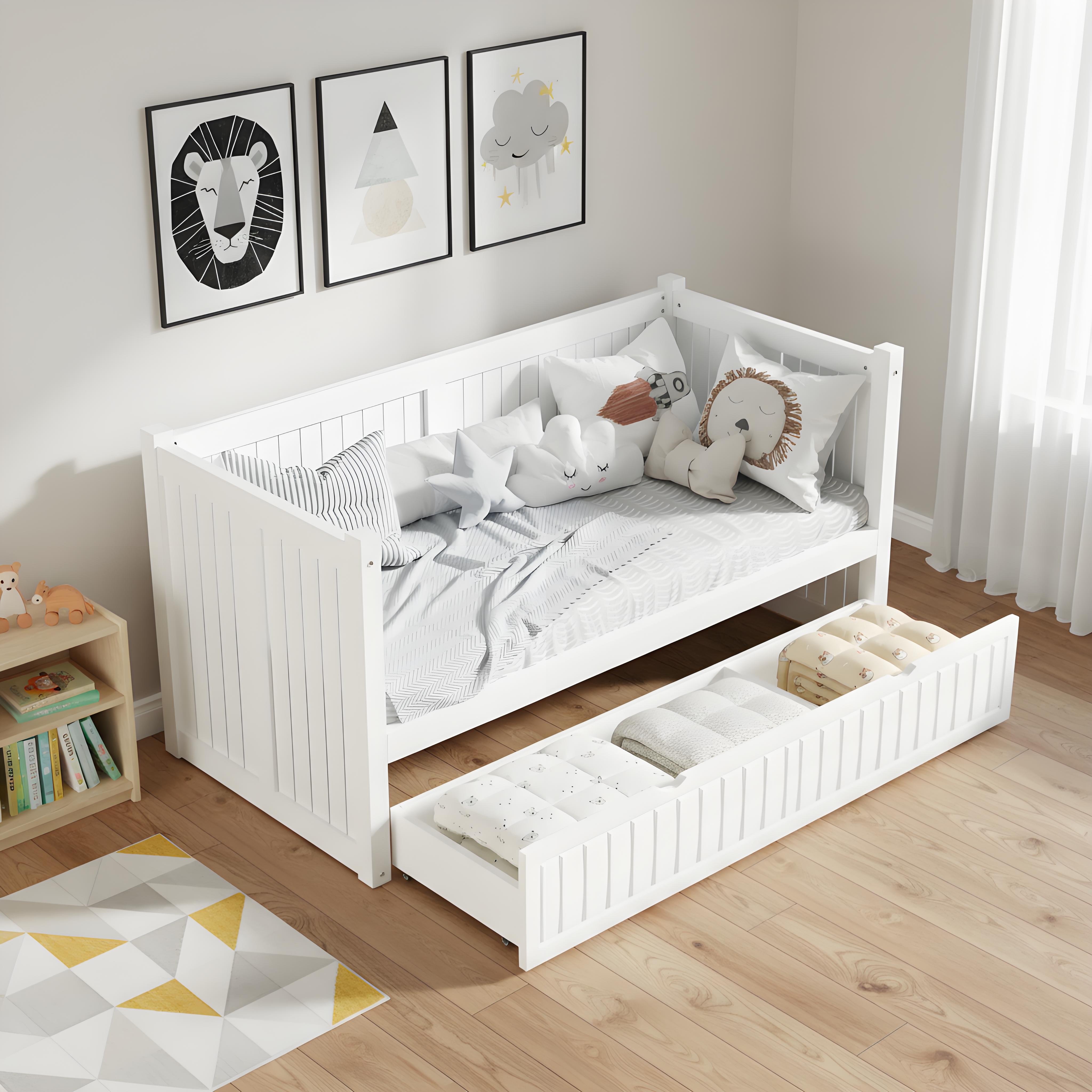 Modern White Wooden Kids Daybed with Trundle Storage Drawer, Space-Saving Children's Sofa Bed with S