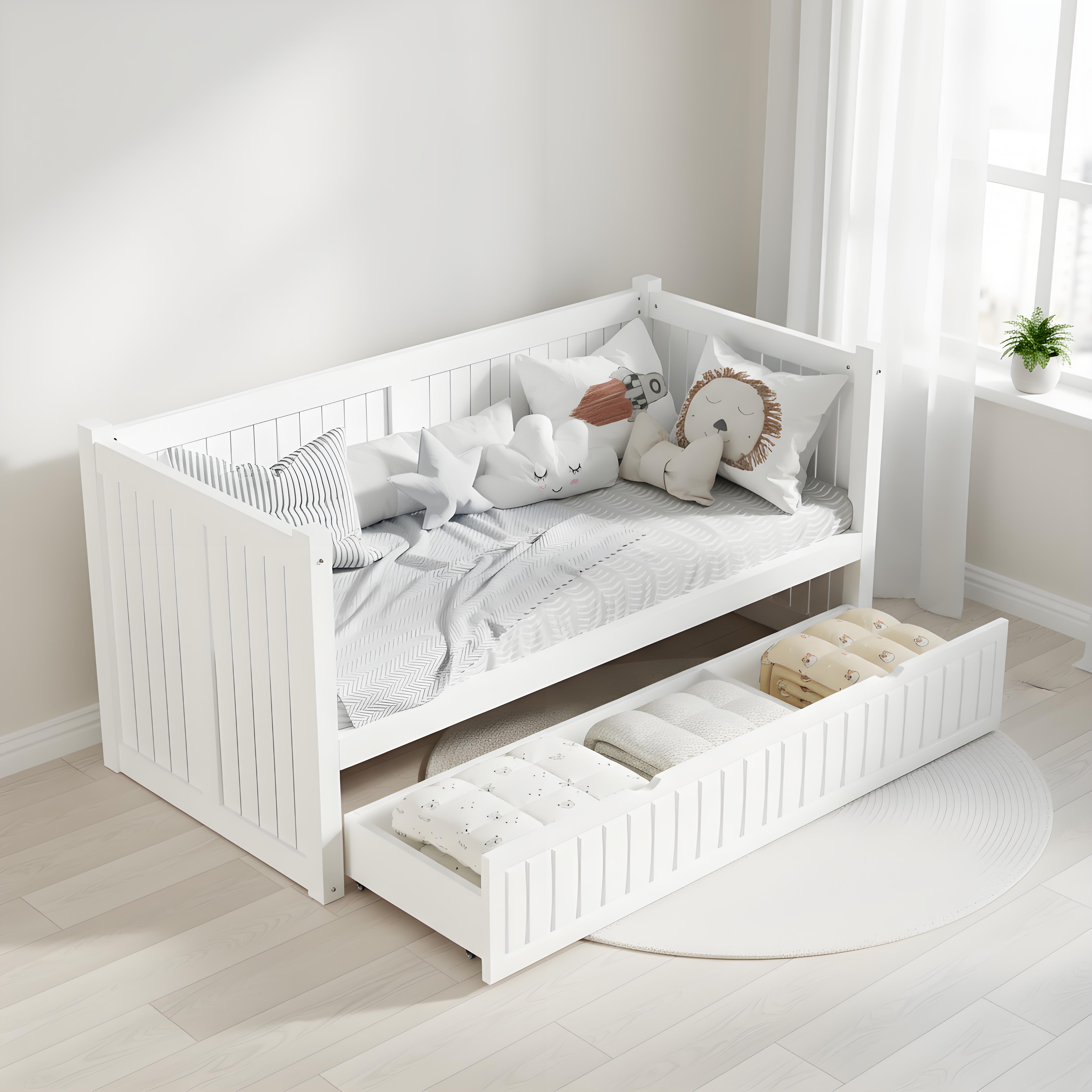 Modern White Wooden Kids Daybed with Trundle Storage Drawer, Space-Saving Children's Sofa Bed with S