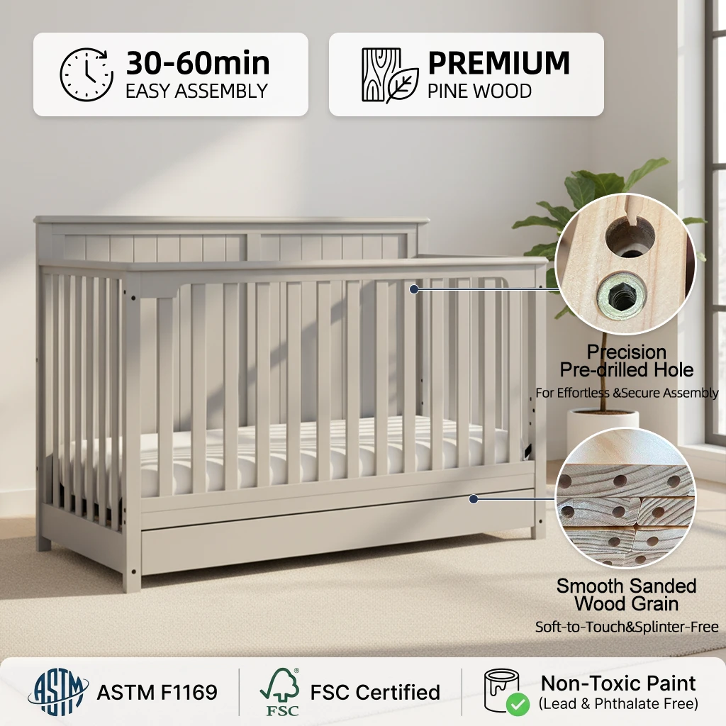 Modern Gray Solid Wood Baby Crib with Full-Length Storage Drawer, Transitional Style Infant Cot with