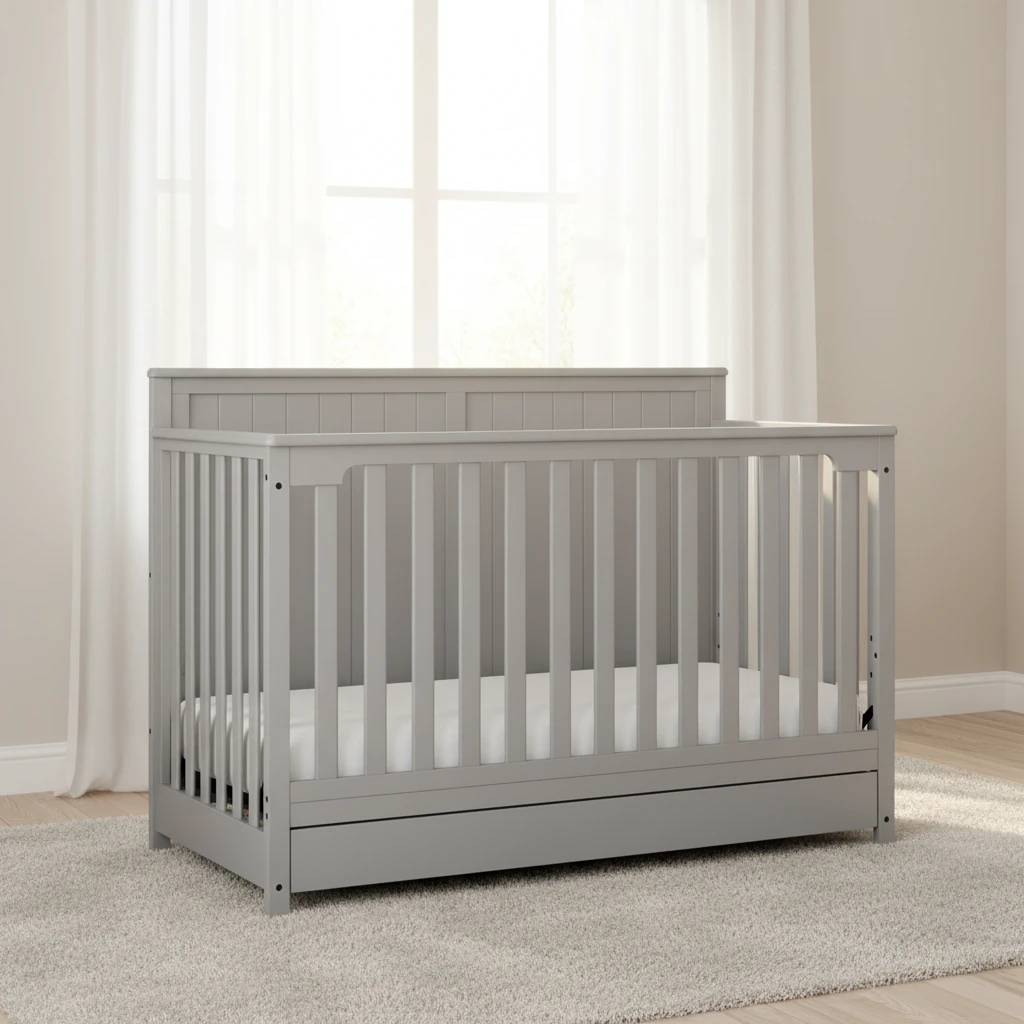 Modern Gray Solid Wood Baby Crib with Full-Length Storage Drawer, Transitional Style Infant Cot with