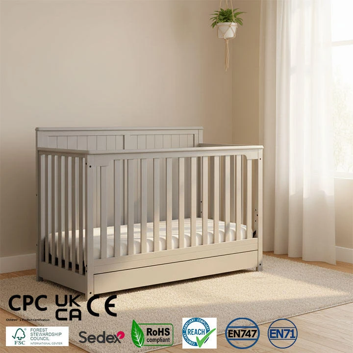 Modern Gray Solid Wood Baby Crib with Full-Length Storage Drawer, Transitional Style Infant Cot with