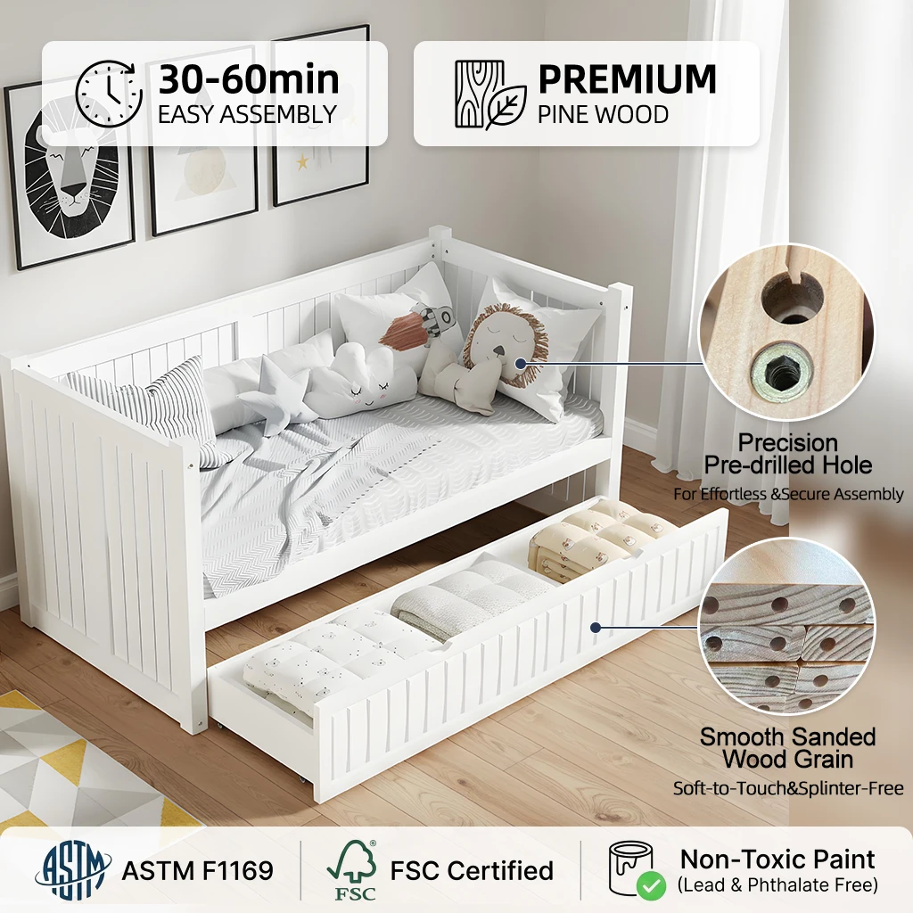 Modern White Wooden Kids Daybed with Trundle Storage Drawer, Space-Saving Children's Sofa Bed with S