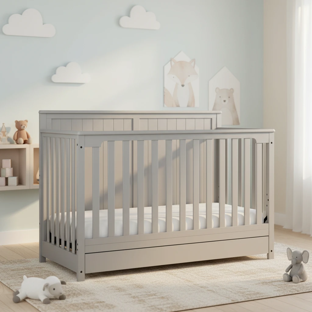 Modern Gray Solid Wood Baby Crib with Full-Length Storage Drawer, Transitional Style Infant Cot with