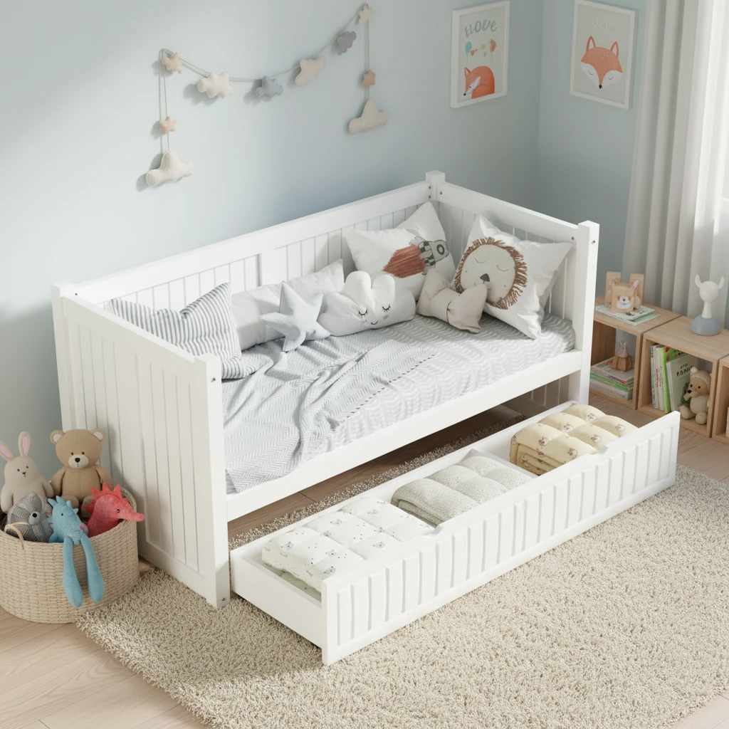 Modern White Wooden Kids Daybed with Trundle Storage Drawer, Space-Saving Children's Sofa Bed with S