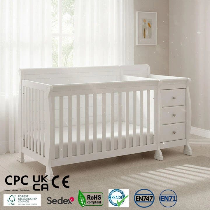 White Convertible Crib with Attached Changing Table, 3-in-1 Solid Wood Nursery Furniture Set with 3