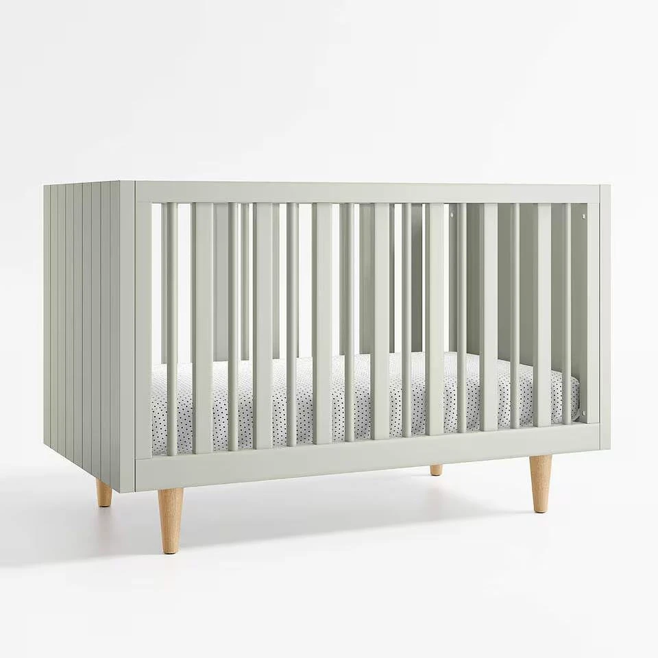 Modern Gray-Green Solid Wood Baby Crib with Natural Wood Legs, Scandinavian Minimalist Infant Cot wi