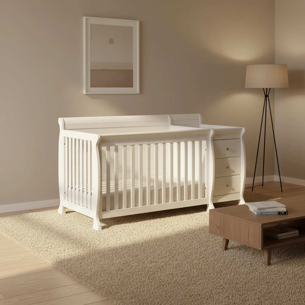 White Convertible Crib with Attached Changing Table, 3-in-1 Solid Wood Nursery Furniture Set with 3