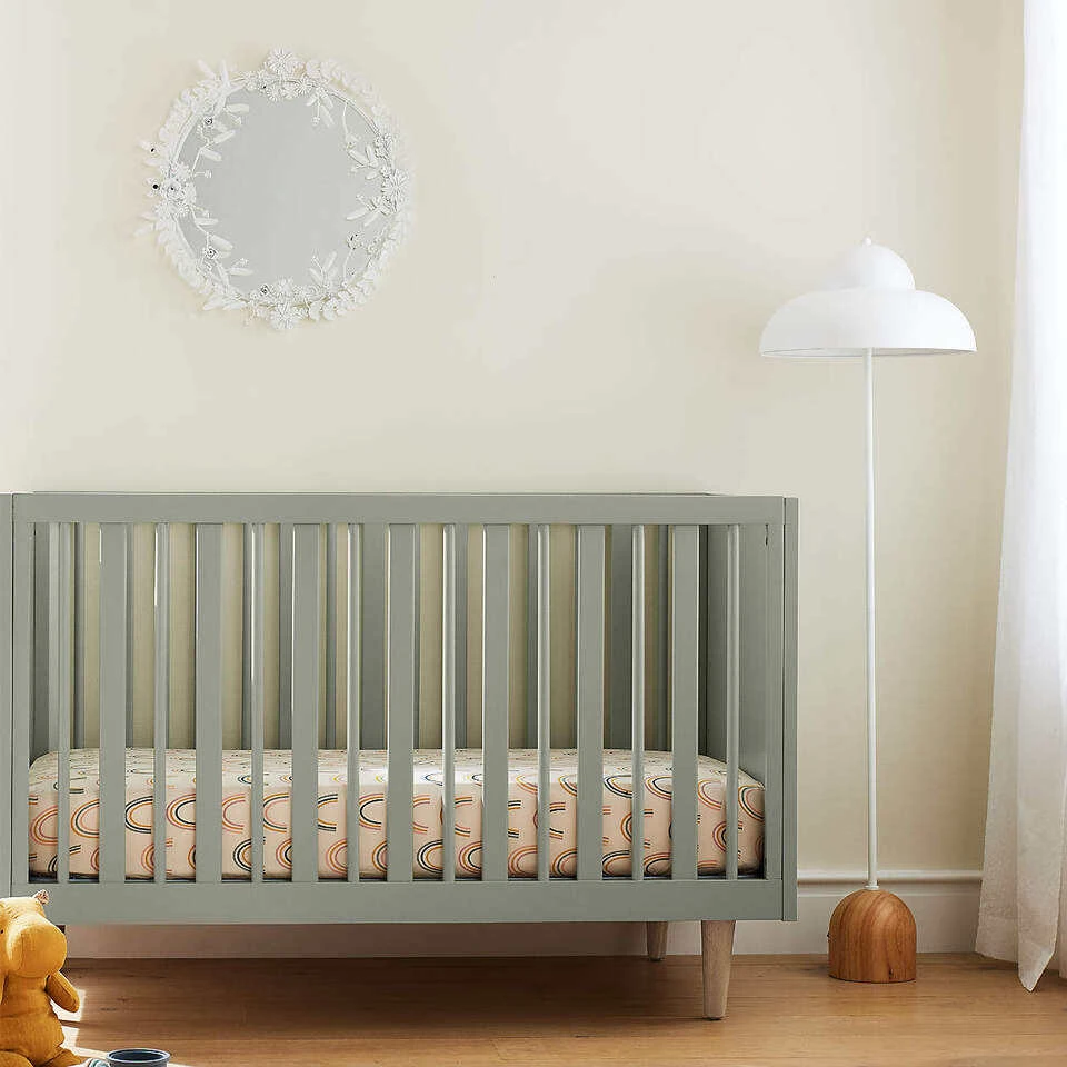 Modern Gray-Green Solid Wood Baby Crib with Natural Wood Legs, Scandinavian Minimalist Infant Cot wi