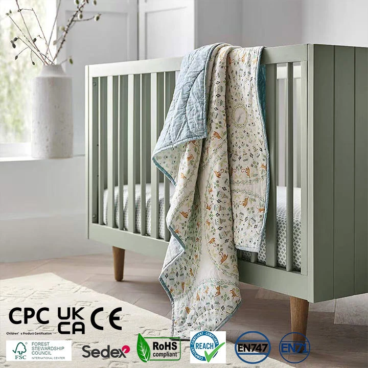 Modern Gray-Green Solid Wood Baby Crib with Natural Wood Legs, Scandinavian Minimalist Infant Cot wi