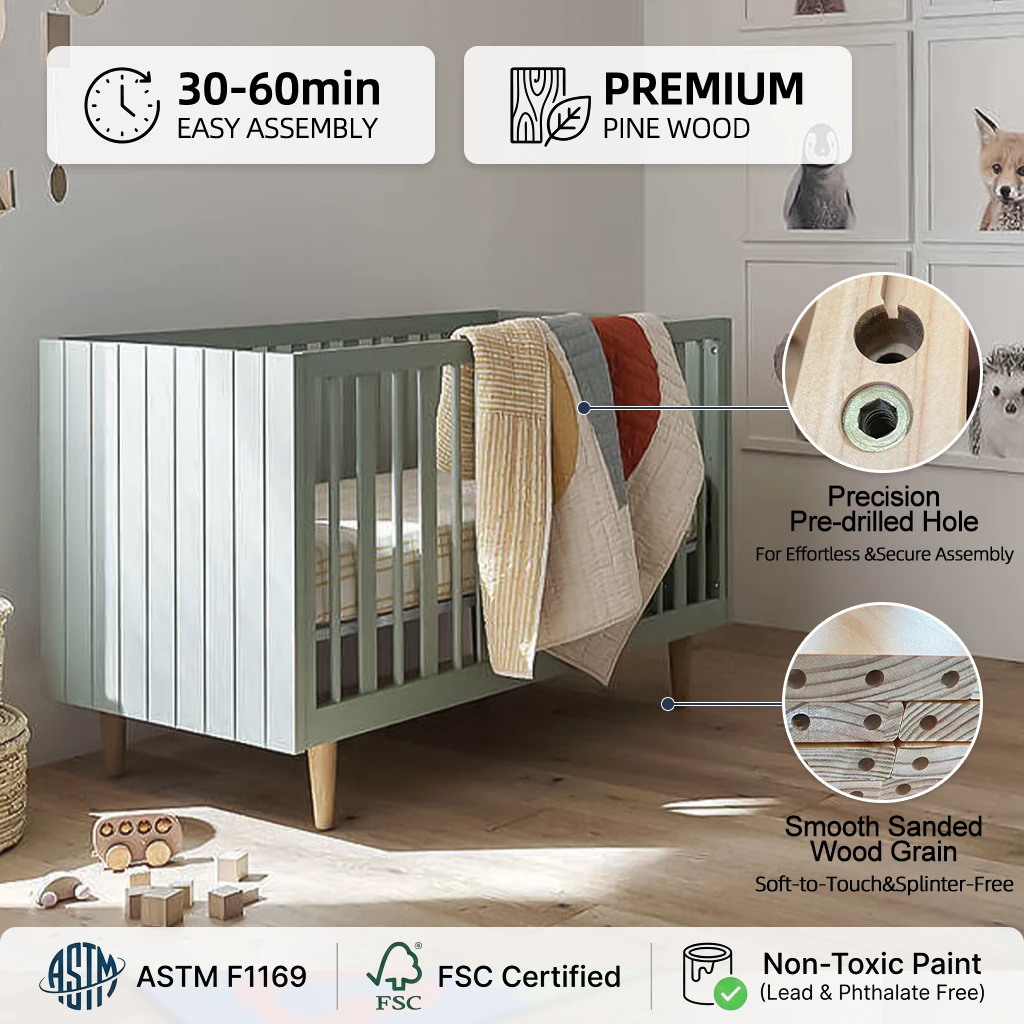Modern Gray-Green Solid Wood Baby Crib with Natural Wood Legs, Scandinavian Minimalist Infant Cot wi