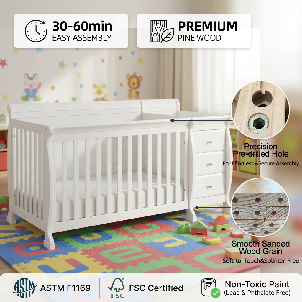 White Convertible Crib with Attached Changing Table, 3-in-1 Solid Wood Nursery Furniture Set with 3