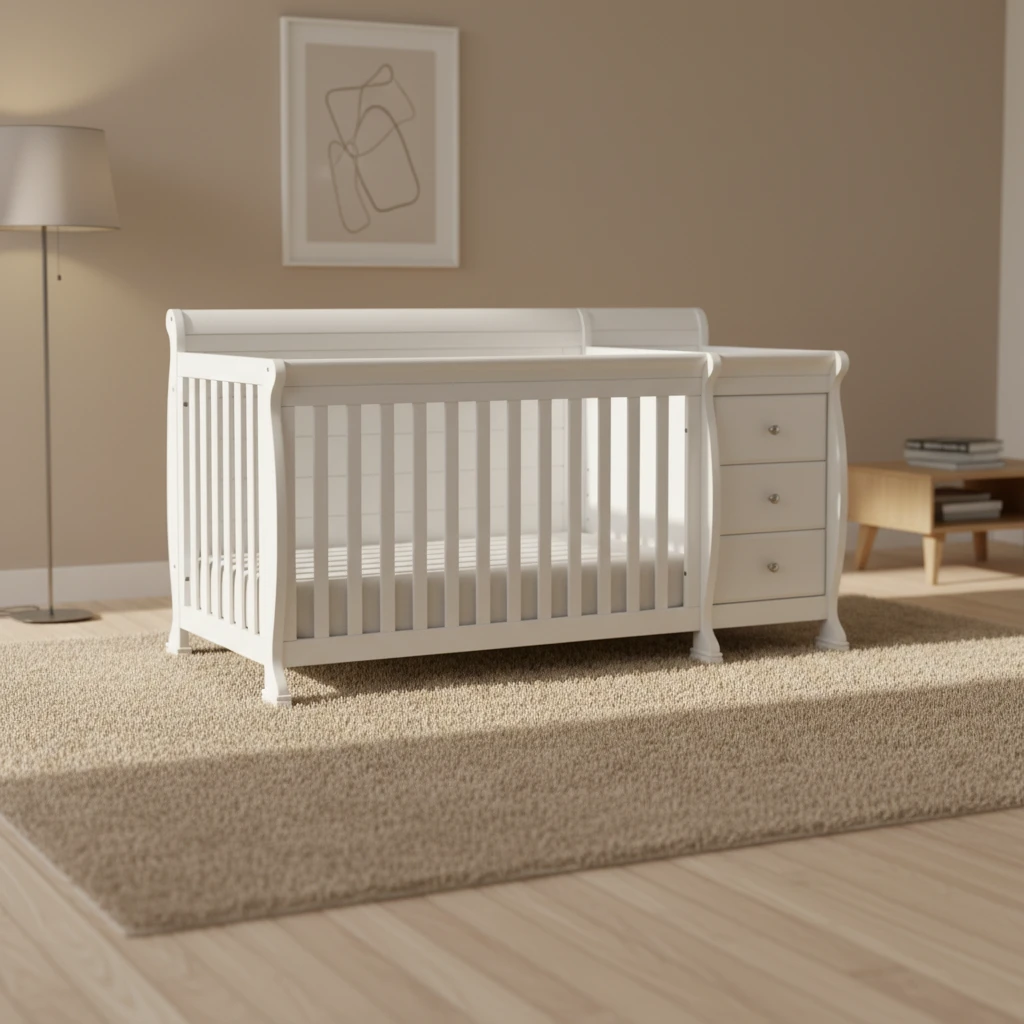 White Convertible Crib with Attached Changing Table, 3-in-1 Solid Wood Nursery Furniture Set with 3