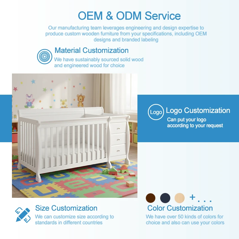 White Convertible Crib with Attached Changing Table, 3-in-1 Solid Wood Nursery Furniture Set with 3