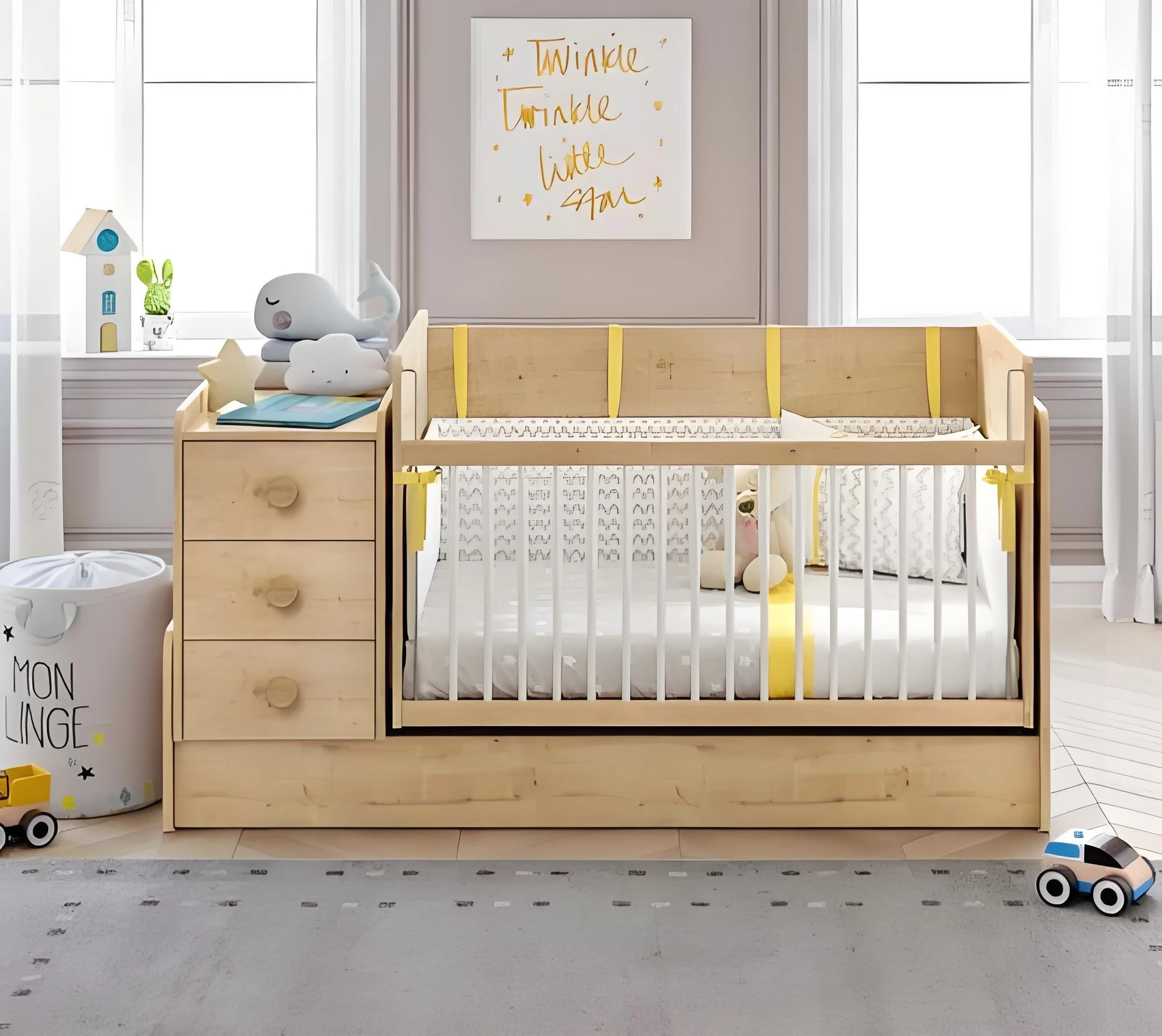 Natural Wood Convertible Crib with Attached 3-Drawer Dresser, 2-in-1 Nursery Furniture Combo with Ch