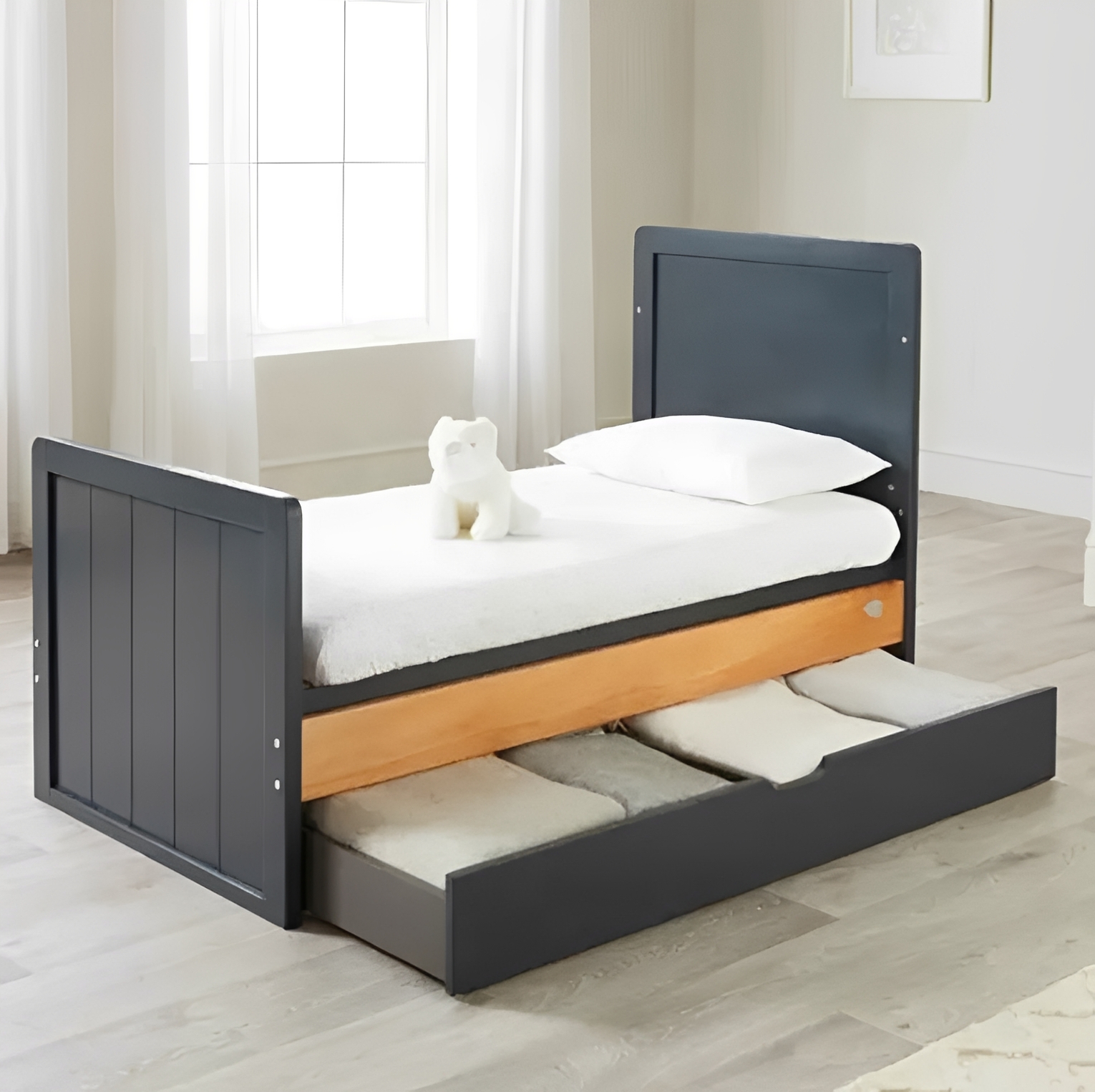 Two-Tone Modern Wooden Baby Crib with Storage Drawer, Dark Grey & Natural Wood Mixed Material Infant