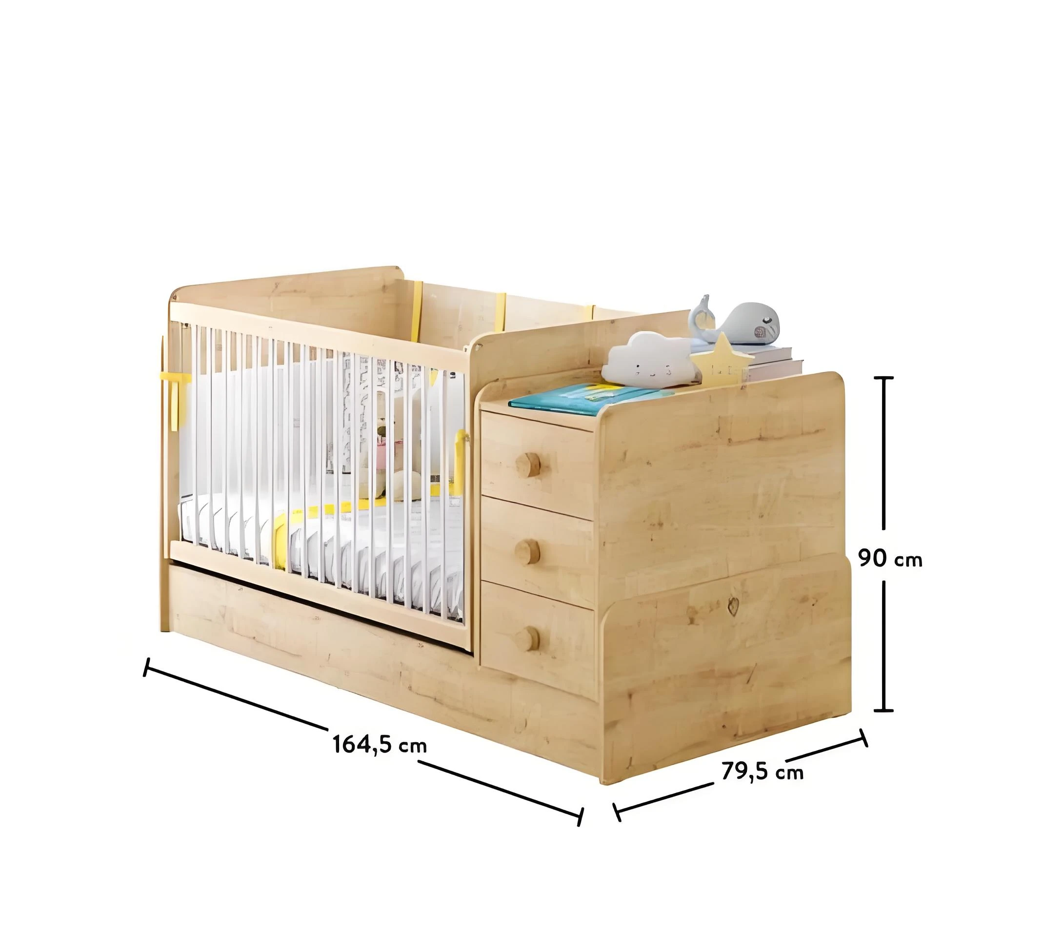 Natural Wood Convertible Crib with Attached 3-Drawer Dresser, 2-in-1 Nursery Furniture Combo with Ch