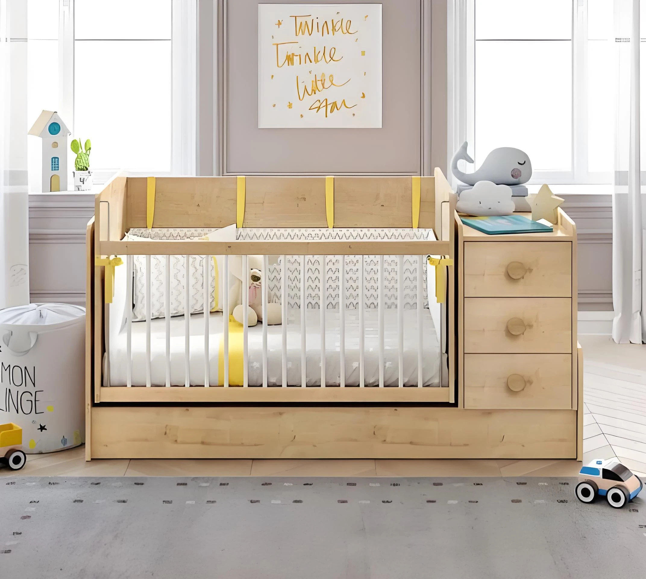 Natural Wood Convertible Crib with Attached 3-Drawer Dresser, 2-in-1 Nursery Furniture Combo with Ch