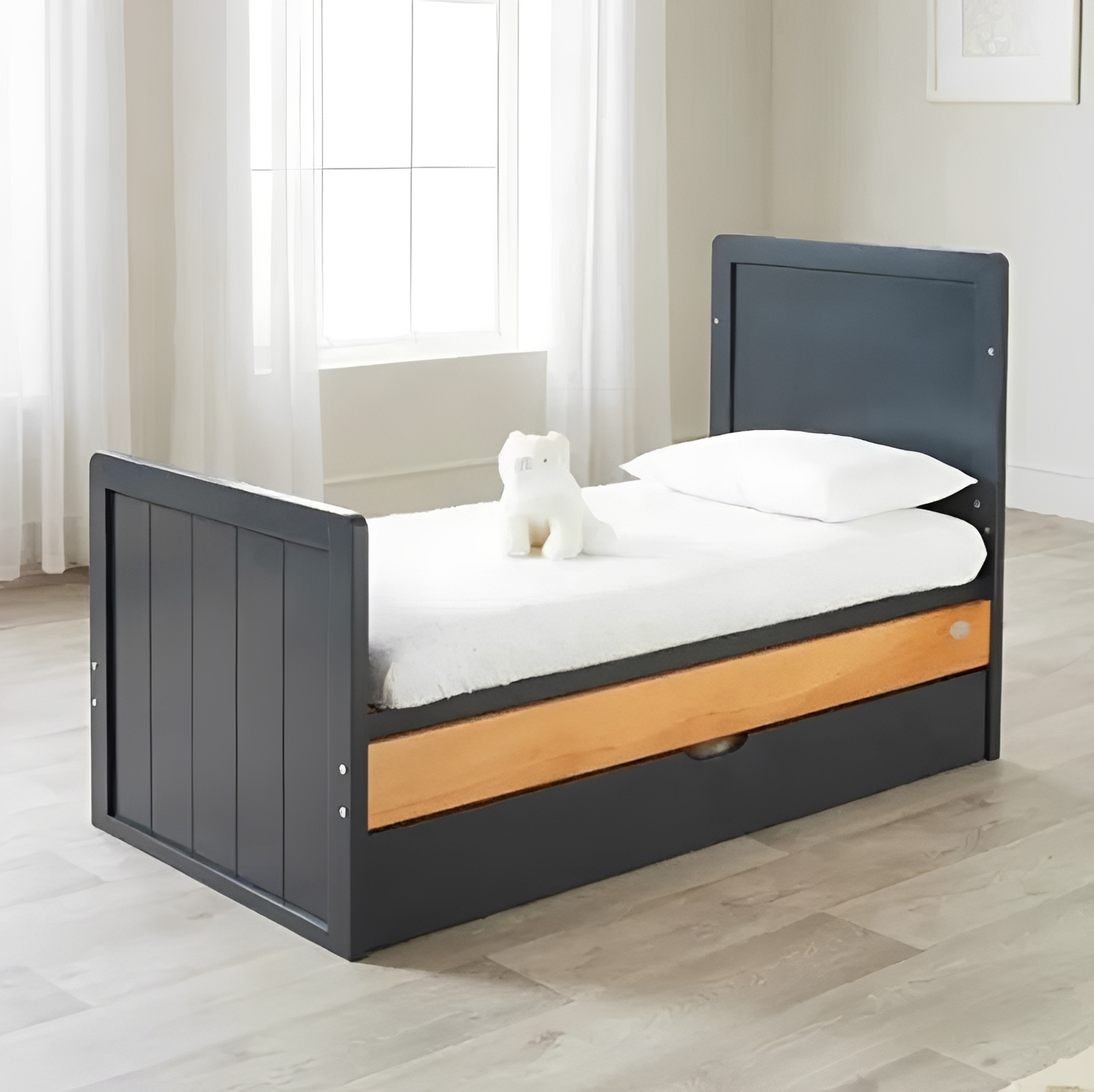 Two-Tone Modern Wooden Baby Crib with Storage Drawer, Dark Grey & Natural Wood Mixed Material Infant