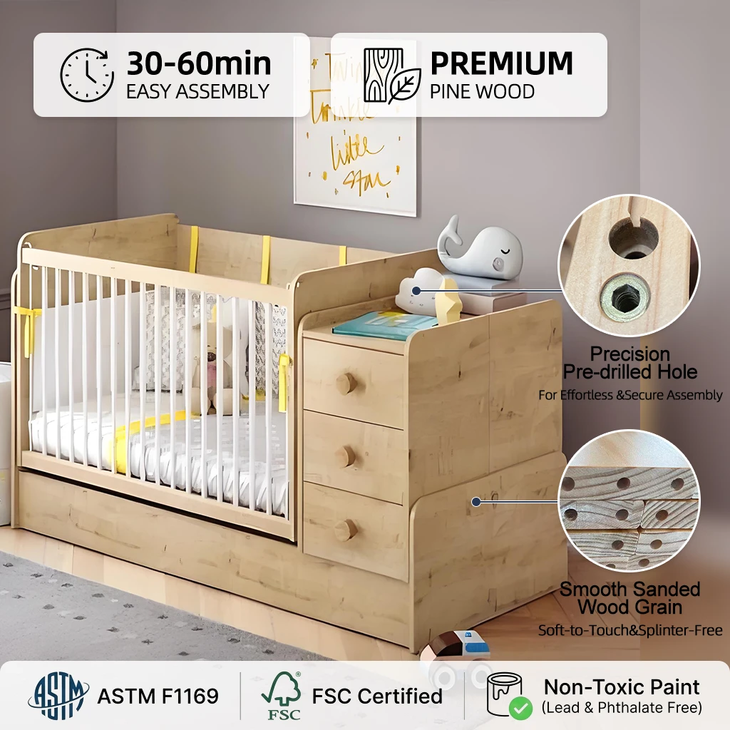 Natural Wood Convertible Crib with Attached 3-Drawer Dresser, 2-in-1 Nursery Furniture Combo with Ch