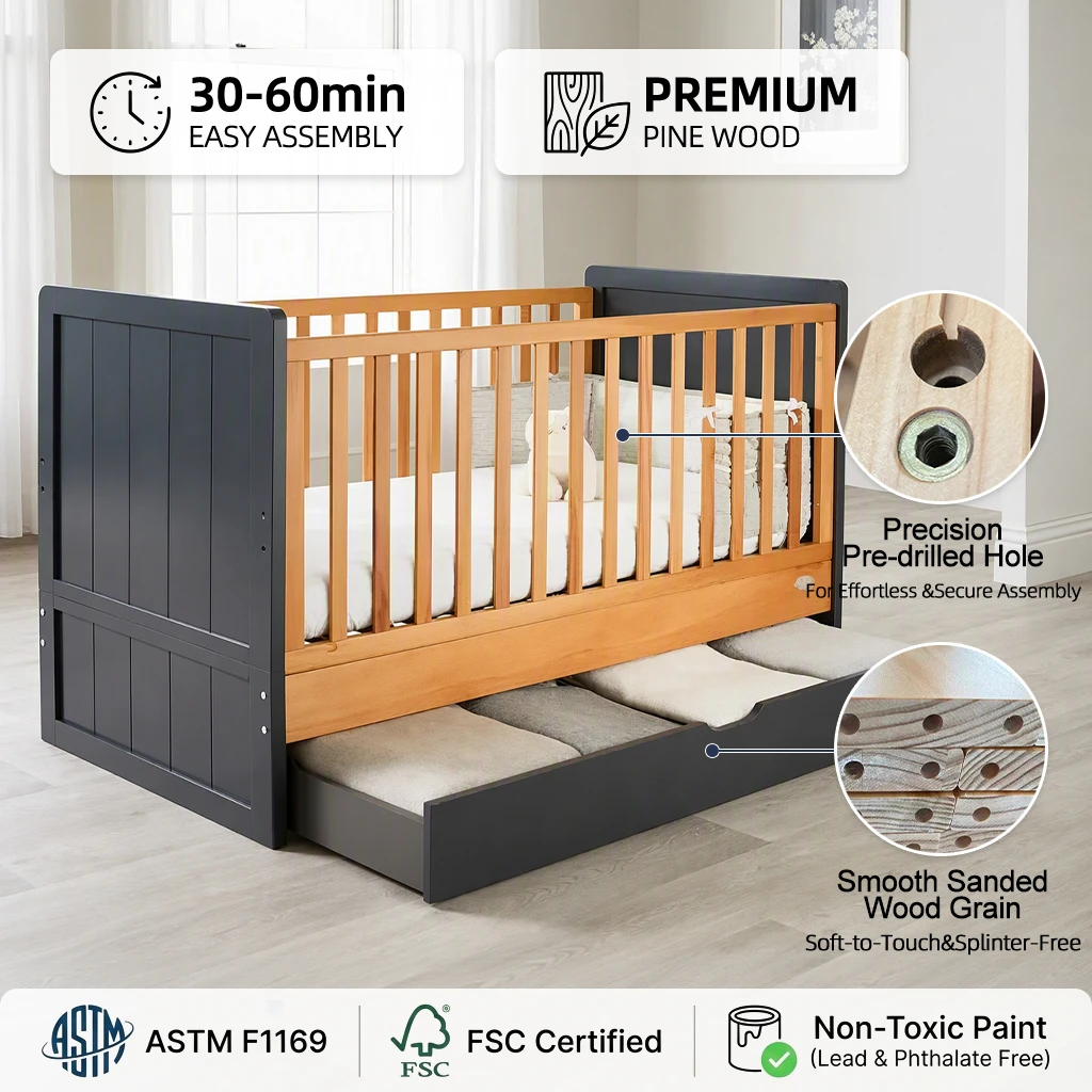Two-Tone Modern Wooden Baby Crib with Storage Drawer, Dark Grey & Natural Wood Mixed Material Infant