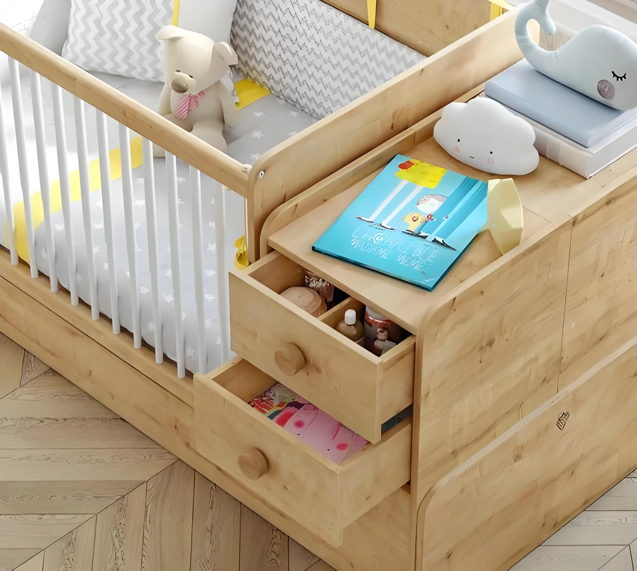 Natural Wood Convertible Crib with Attached 3-Drawer Dresser, 2-in-1 Nursery Furniture Combo with Ch