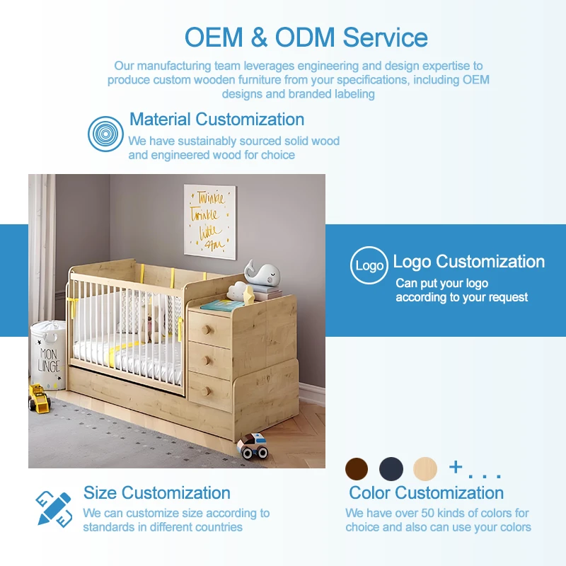 Natural Wood Convertible Crib with Attached 3-Drawer Dresser, 2-in-1 Nursery Furniture Combo with Ch