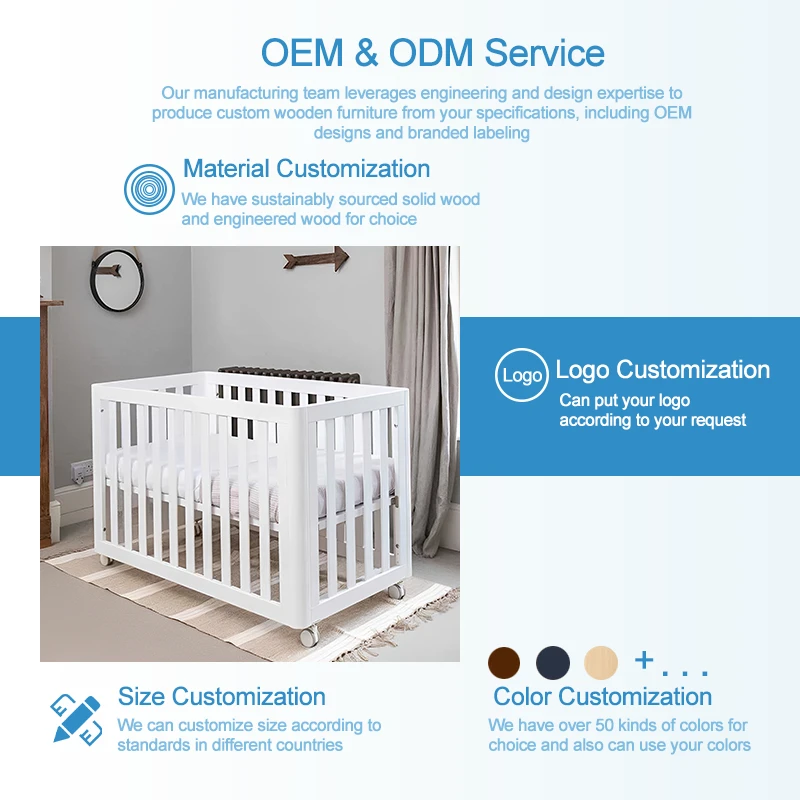 White Mobile Baby Crib on Casters, Portable Foldable Wooden Infant Cot with Swivel Wheels, Space-Sav