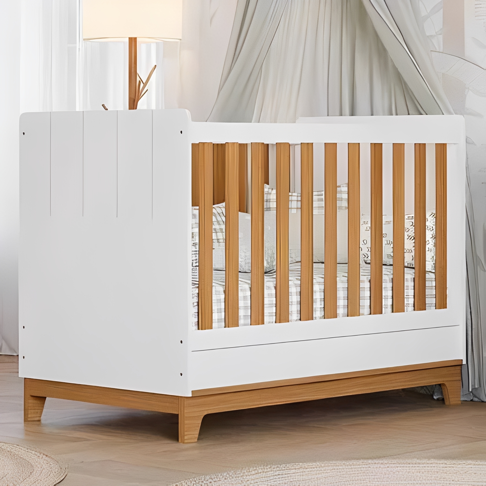 Two-Tone Soft Gray & Natural Wood Baby Crib with Storage Drawer, Modern Plank-Panel Infant Cot with