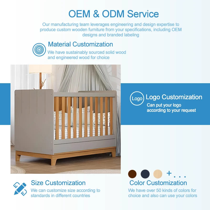 Two-Tone Soft Gray & Natural Wood Baby Crib with Storage Drawer, Modern Plank-Panel Infant Cot with