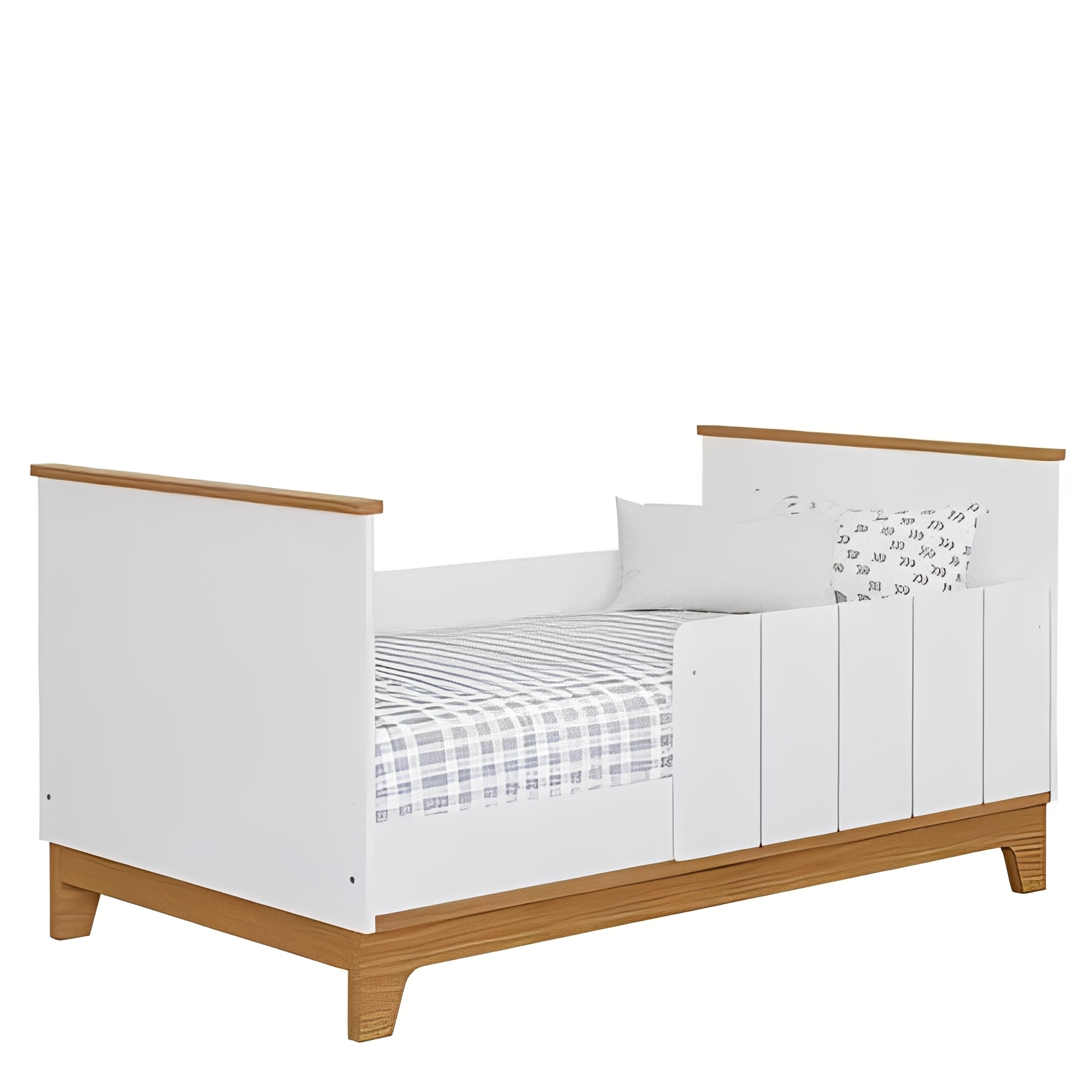 Two-Tone Soft Gray & Natural Wood Baby Crib with Storage Drawer, Modern Plank-Panel Infant Cot with