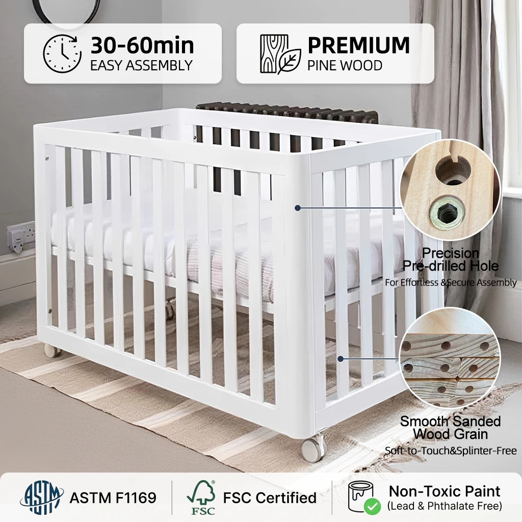 White Mobile Baby Crib on Casters, Portable Foldable Wooden Infant Cot with Swivel Wheels, Space-Sav