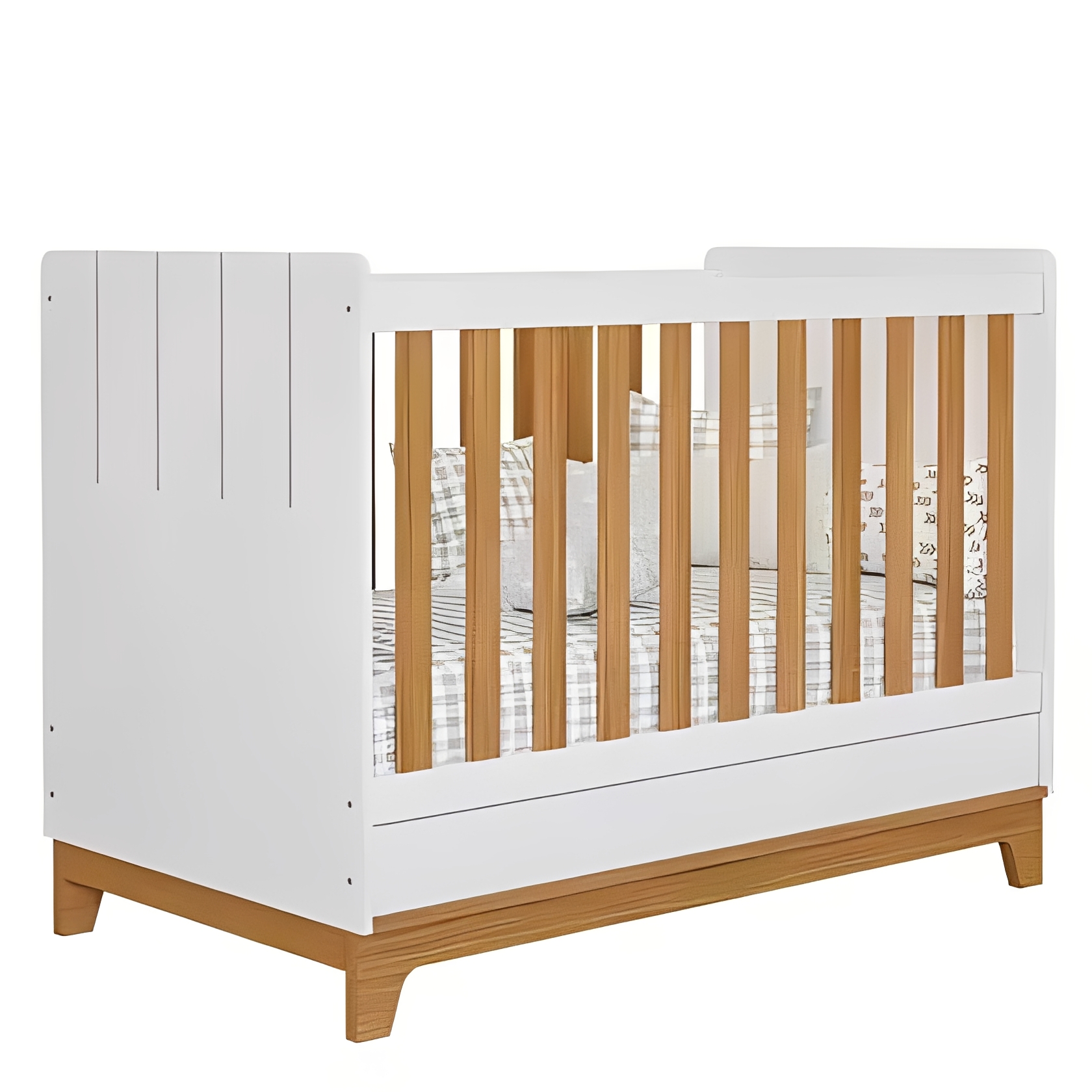 Two-Tone Soft Gray & Natural Wood Baby Crib with Storage Drawer, Modern Plank-Panel Infant Cot with