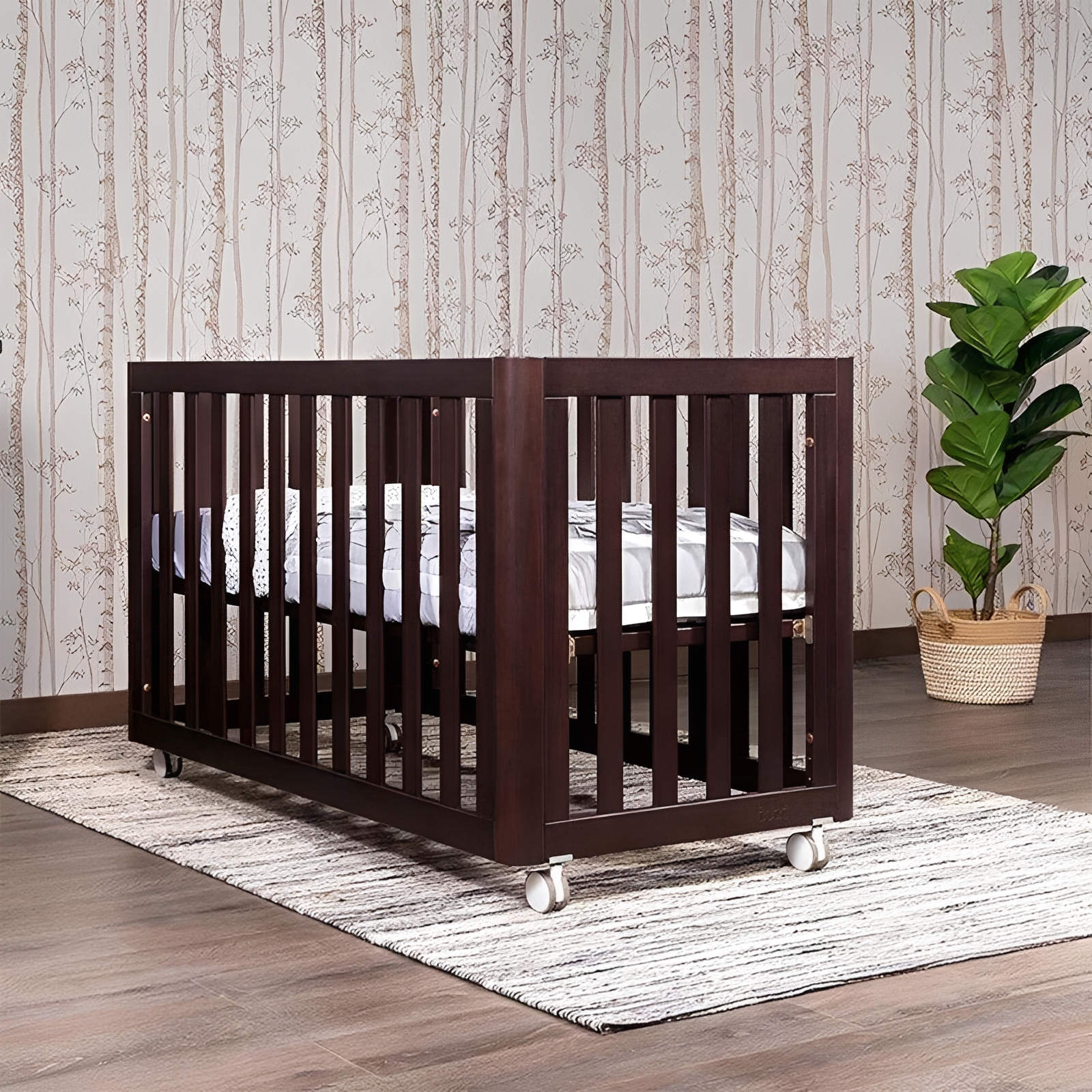 White Mobile Baby Crib on Casters, Portable Foldable Wooden Infant Cot with Swivel Wheels, Space-Sav