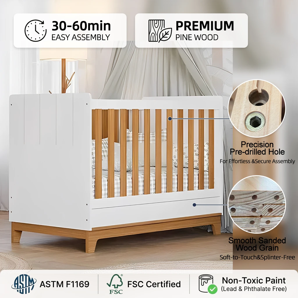 Two-Tone Soft Gray & Natural Wood Baby Crib with Storage Drawer, Modern Plank-Panel Infant Cot with
