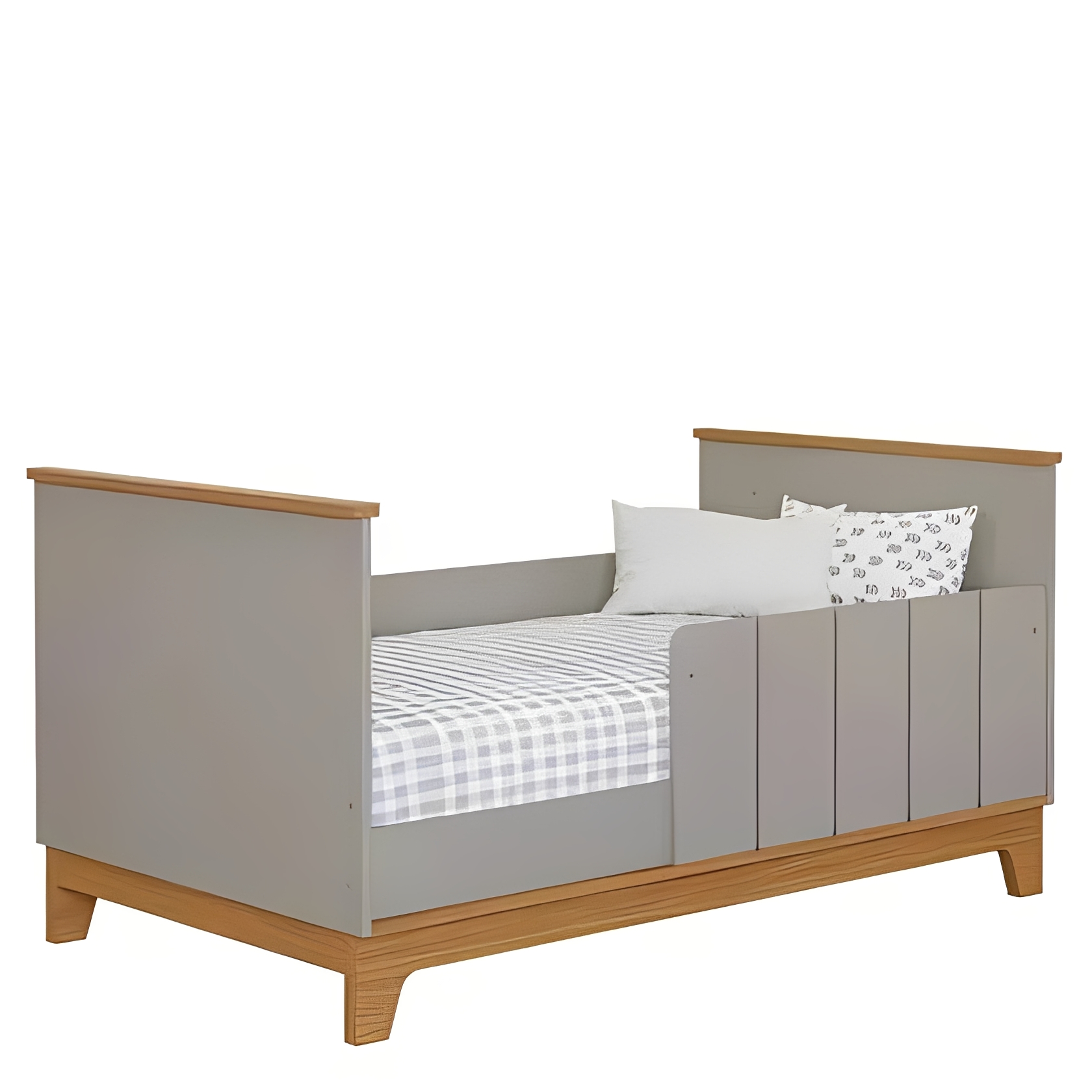 Two-Tone Soft Gray & Natural Wood Baby Crib with Storage Drawer, Modern Plank-Panel Infant Cot with