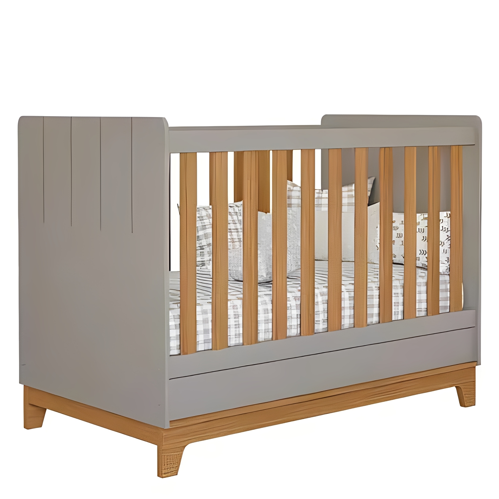 Two-Tone Soft Gray & Natural Wood Baby Crib with Storage Drawer, Modern Plank-Panel Infant Cot with