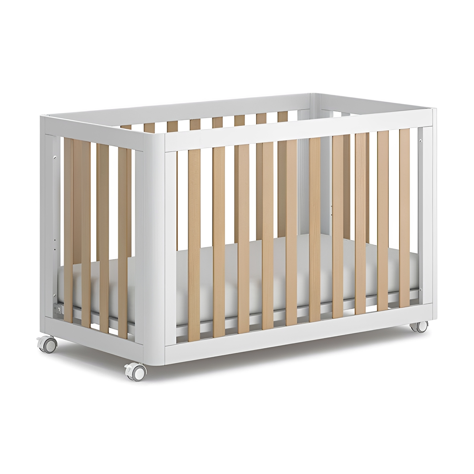 White Mobile Baby Crib on Casters, Portable Foldable Wooden Infant Cot with Swivel Wheels, Space-Sav