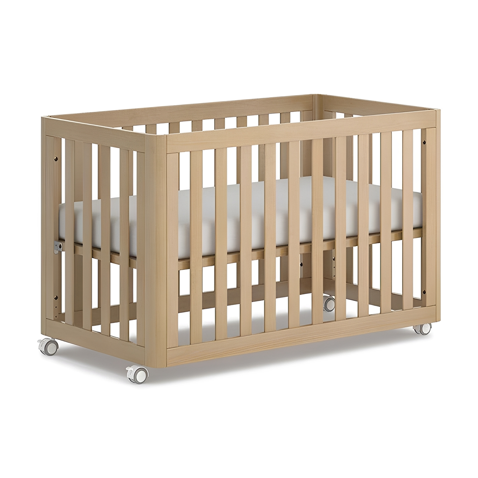 White Mobile Baby Crib on Casters, Portable Foldable Wooden Infant Cot with Swivel Wheels, Space-Sav