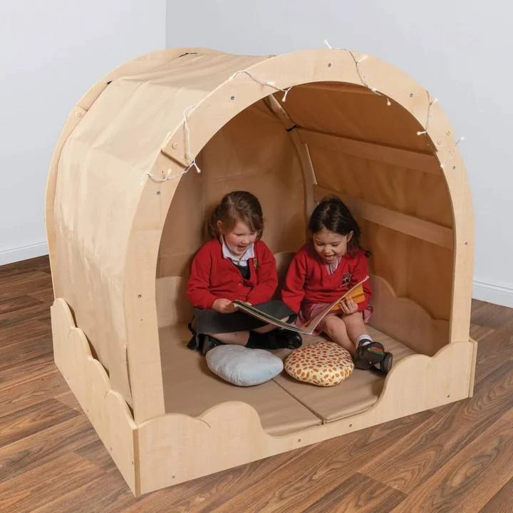 Modern Wooden Kids Playhouse with Built-in Chalkboard Desk, Montessori Activity House with Curtain E