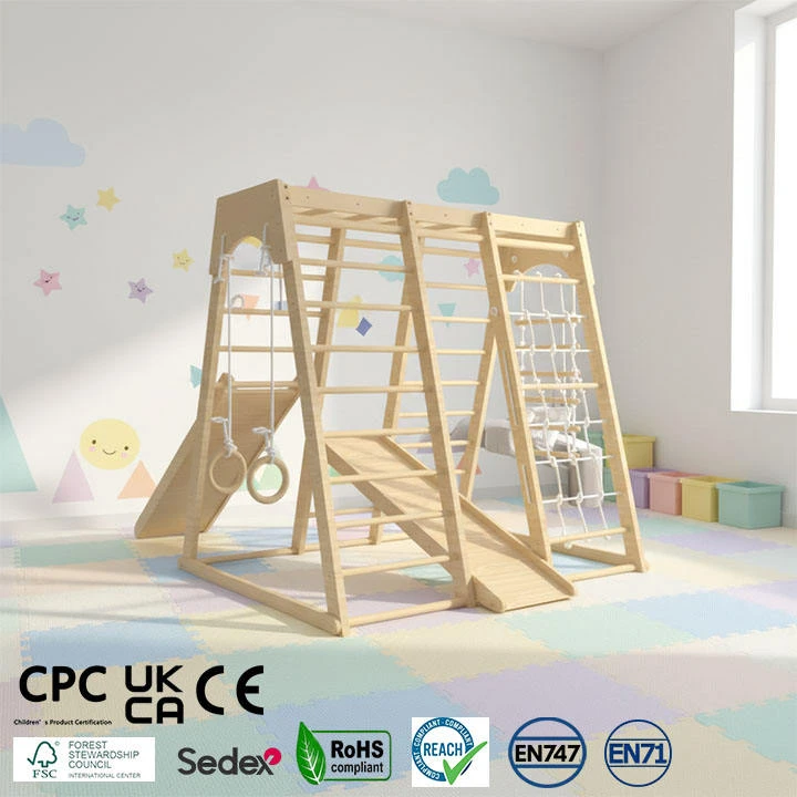 ontessori Wooden Indoor Jungle Gym with Slide, Monkey Bars & Rope Net, Multi-Activity Kids Climbing