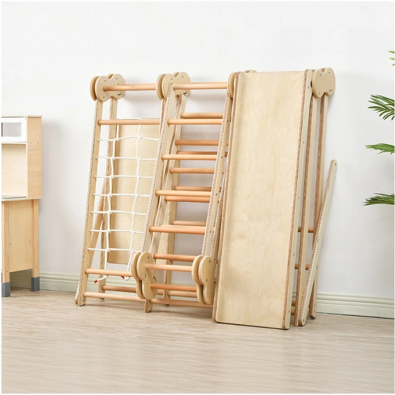 ontessori Wooden Indoor Jungle Gym with Slide, Monkey Bars & Rope Net, Multi-Activity Kids Climbing