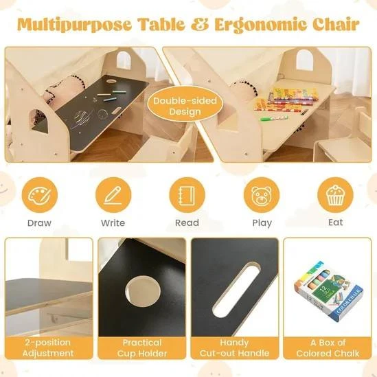 Modern Wooden Kids Playhouse with Built-in Chalkboard Desk, Montessori Activity House with Curtain E
