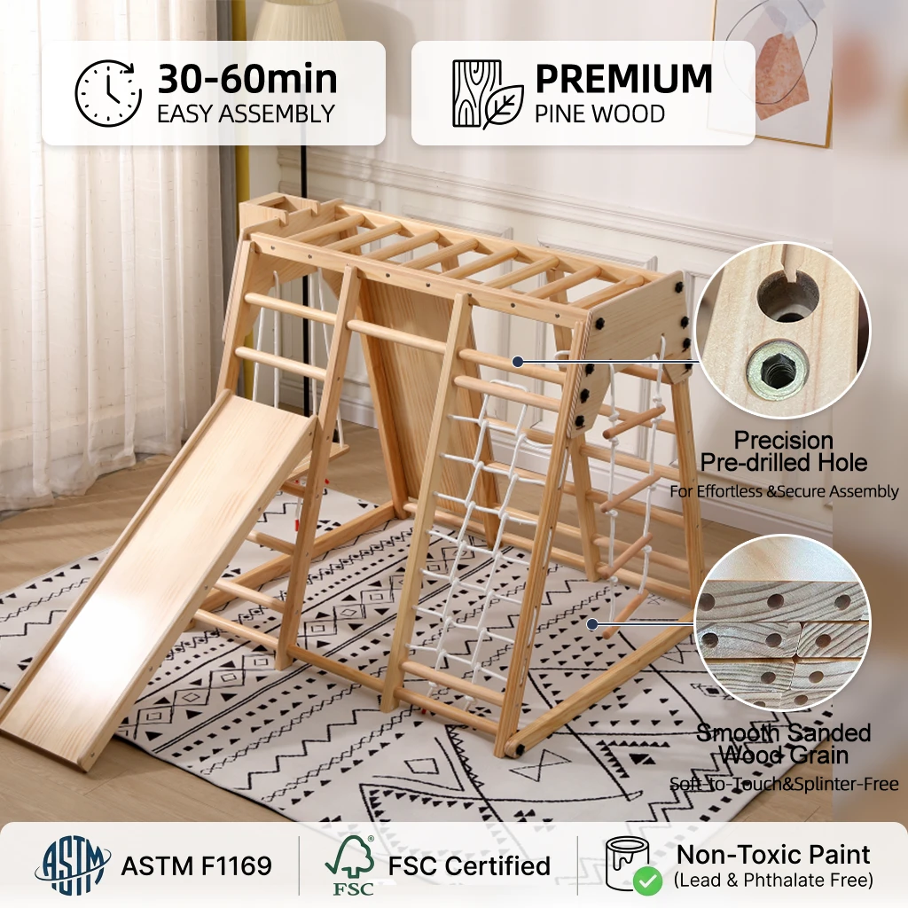 ontessori Wooden Indoor Jungle Gym with Slide, Monkey Bars & Rope Net, Multi-Activity Kids Climbing