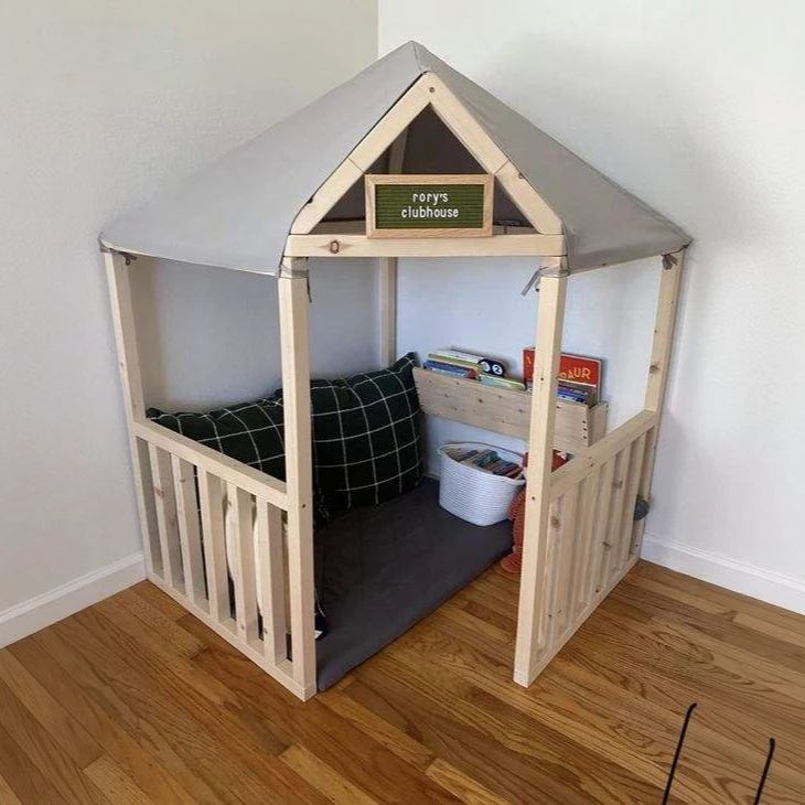 Modern Wooden Kids Playhouse with Built-in Chalkboard Desk, Montessori Activity House with Curtain E