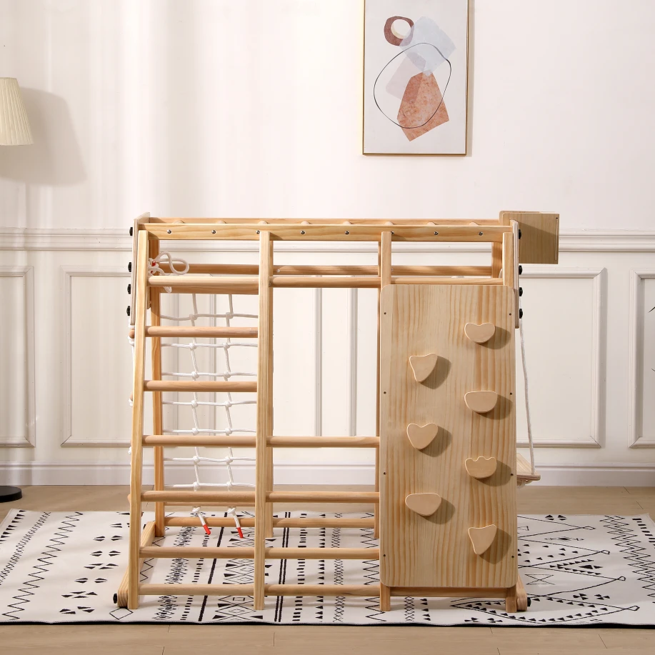 ontessori Wooden Indoor Jungle Gym with Slide, Monkey Bars & Rope Net, Multi-Activity Kids Climbing